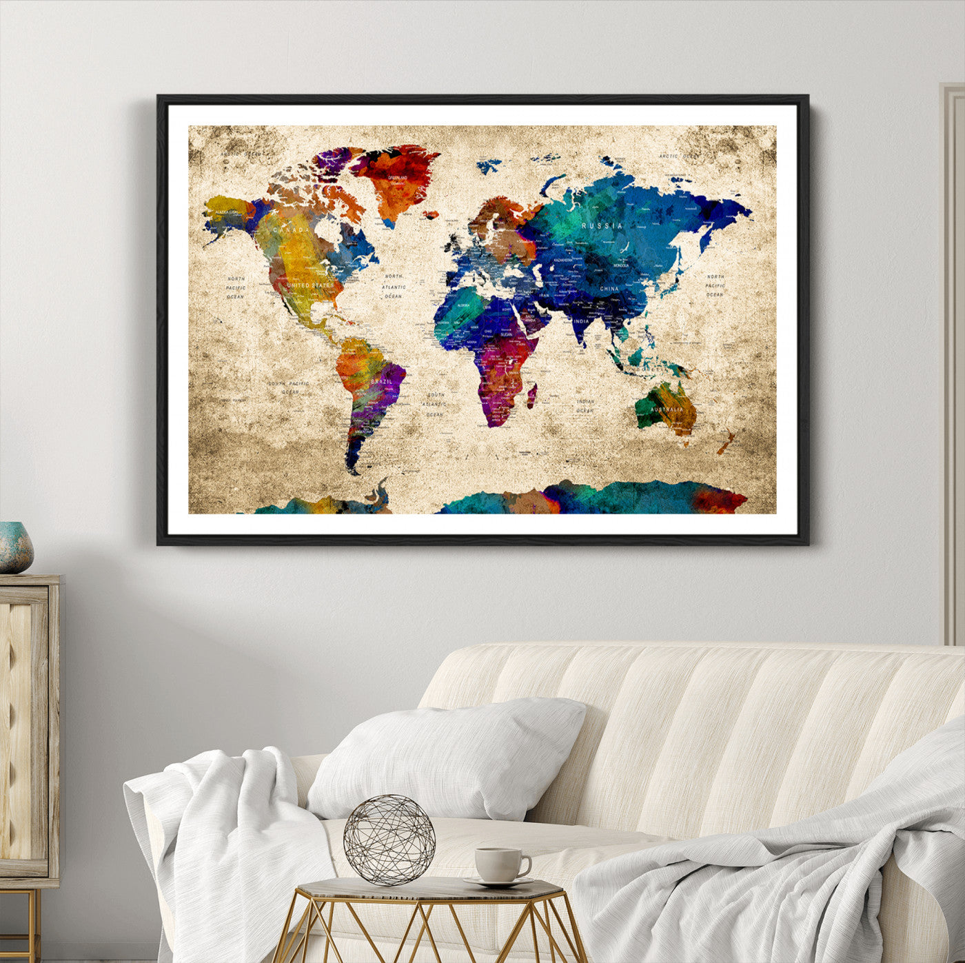 Push Pin World Map Canvas Print – Framed Wall Art for Couples to Track Their Travels – Anniversary Gift or Home Adventure Decor