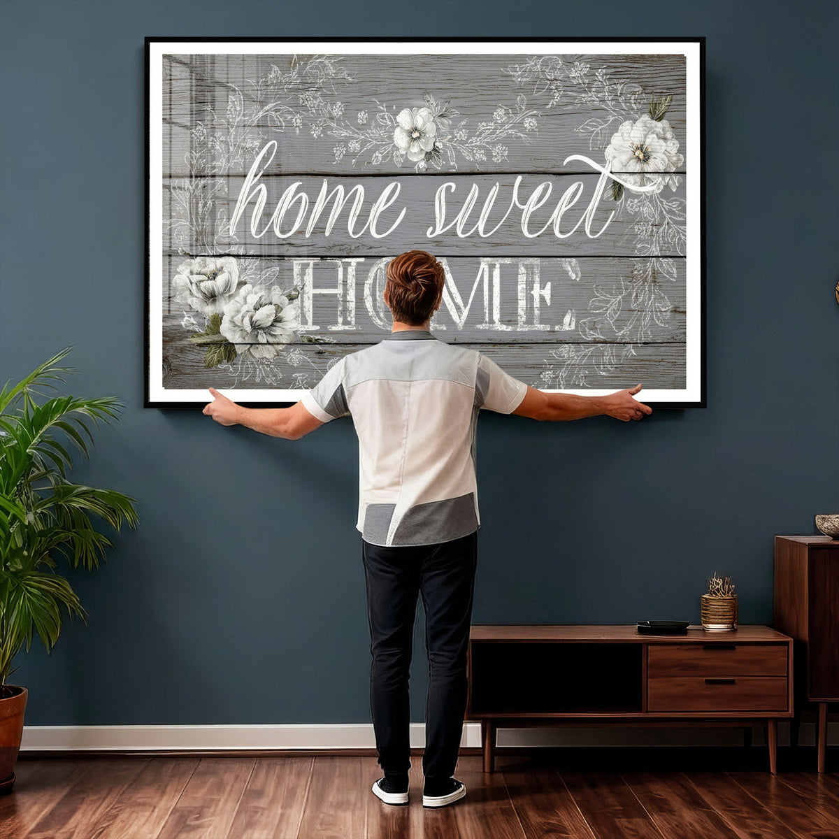 Home Sweet Home Sign Wall Art Canvas Print, Floral Farmhouse Decor