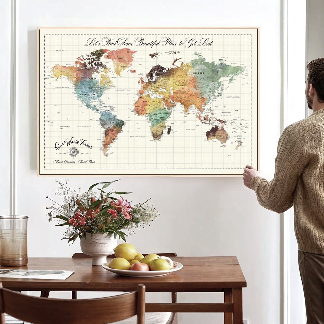 '-Custom Framed World Map Canvas Print – Personalized Push Pin Travel Tracker Gift for Couples, Weddings, or Anniversary Celebrations - H76