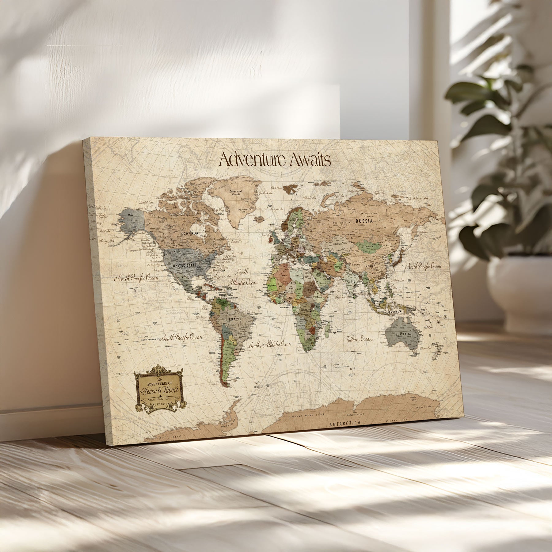 82844776-MGV-CV-30X20-Personalized World Map Print, Customizable Push Pin Framed World Map Print on Canvas - Custom Quote on Map Print