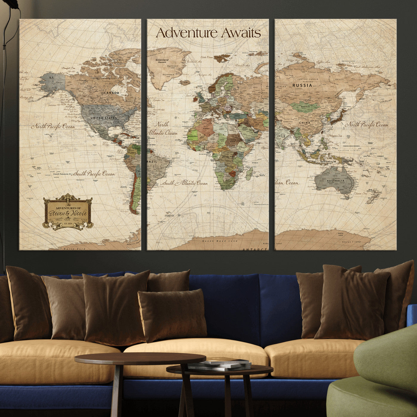 82844776-MGV-CV-48X32-3P-Personalized World Map Print, Customizable Push Pin Framed World Map Print on Canvas - Custom Quote on Map Print