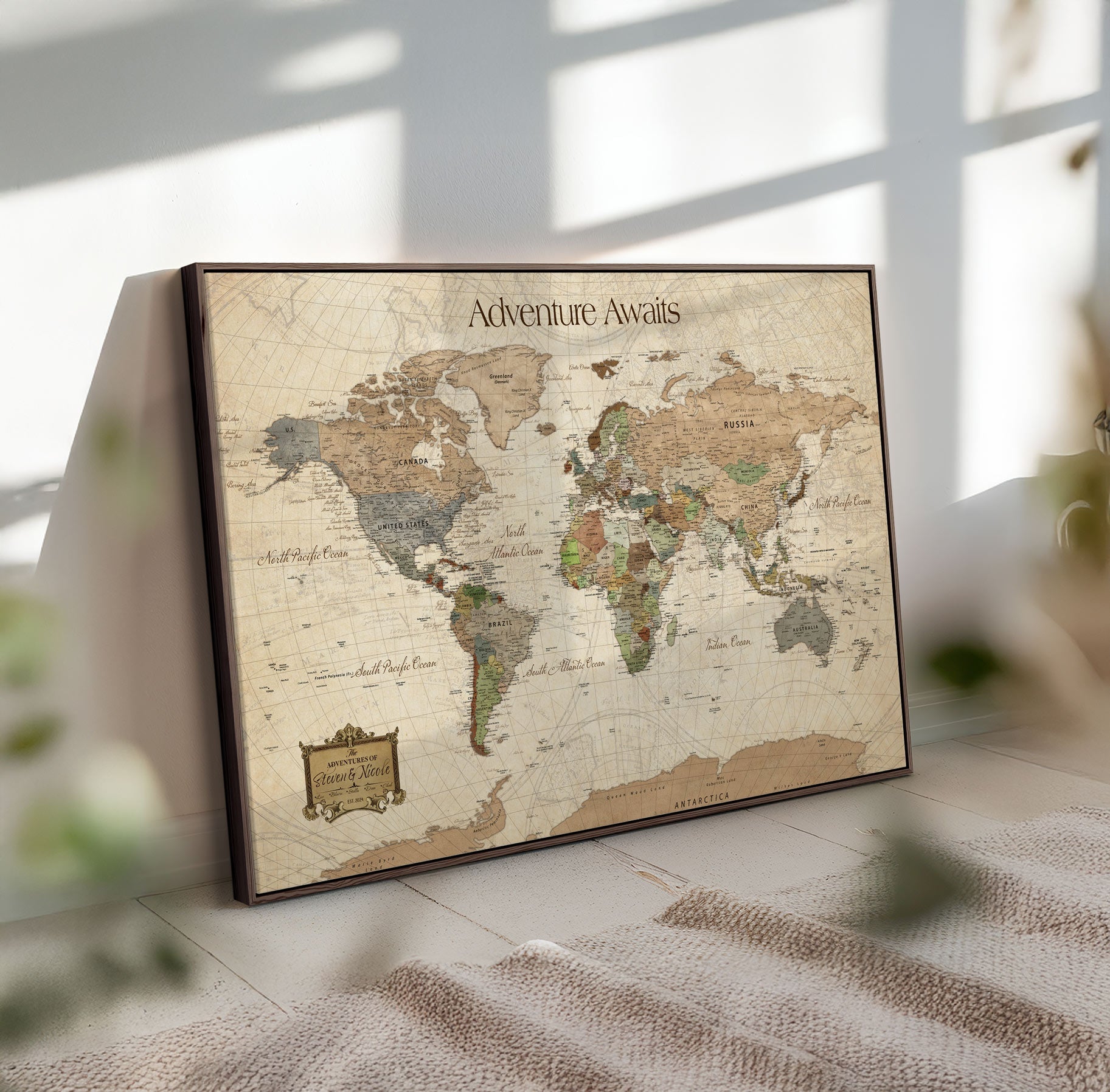 82844776-MGV-FC-30X20-Personalized World Map Print, Customizable Push Pin Framed World Map Print on Canvas - Custom Quote on Map Print