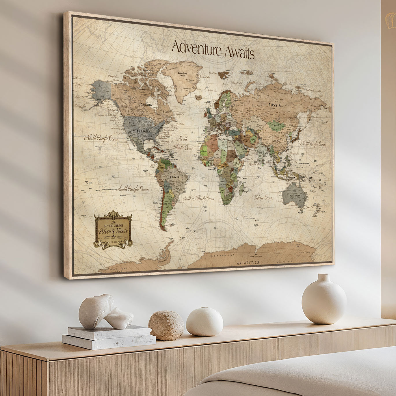 82844776-MGV-FC-30X20-Personalized World Map Print, Customizable Push Pin Framed World Map Print on Canvas - Custom Quote on Map Print