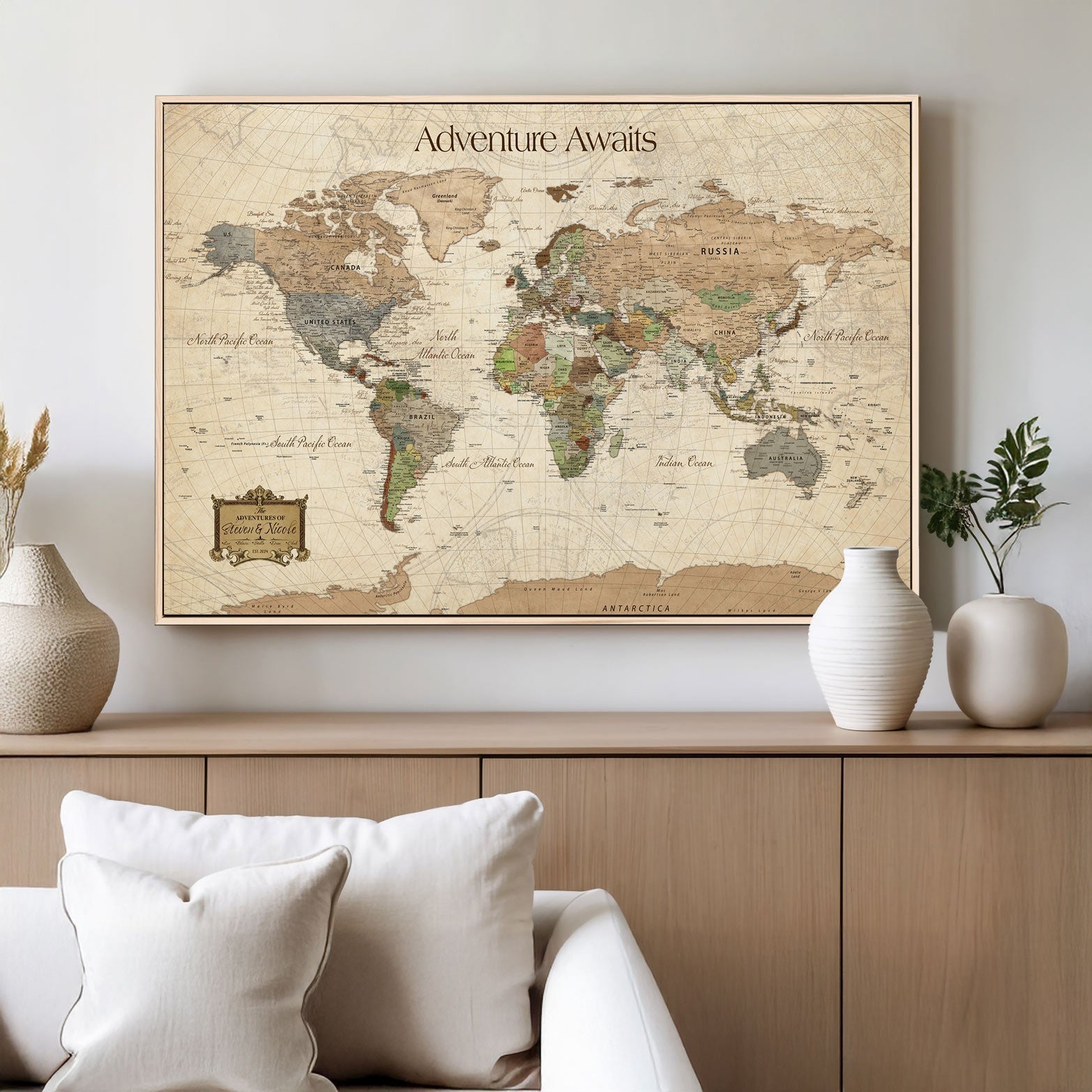 82844776-MGV-CV-30X20-Personalized World Map Print, Customizable Push Pin Framed World Map Print on Canvas - Custom Quote on Map Print