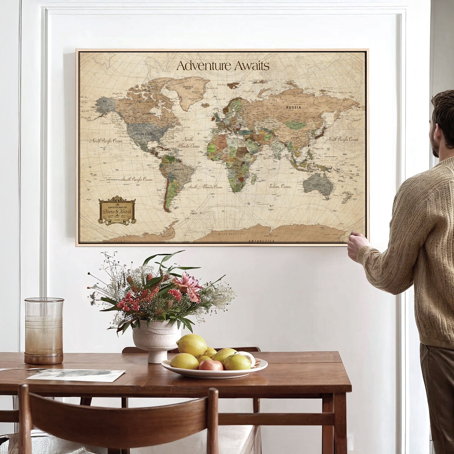 82844776-MGV-CV-30X20-Personalized World Map Print, Customizable Push Pin Framed World Map Print on Canvas - Custom Quote on Map Print