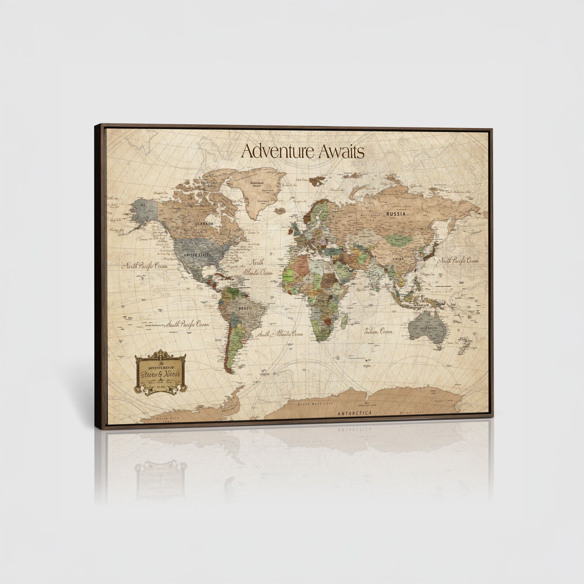 82844776-MGV-CV-30X20-Personalized World Map Print, Customizable Push Pin Framed World Map Print on Canvas - Custom Quote on Map Print