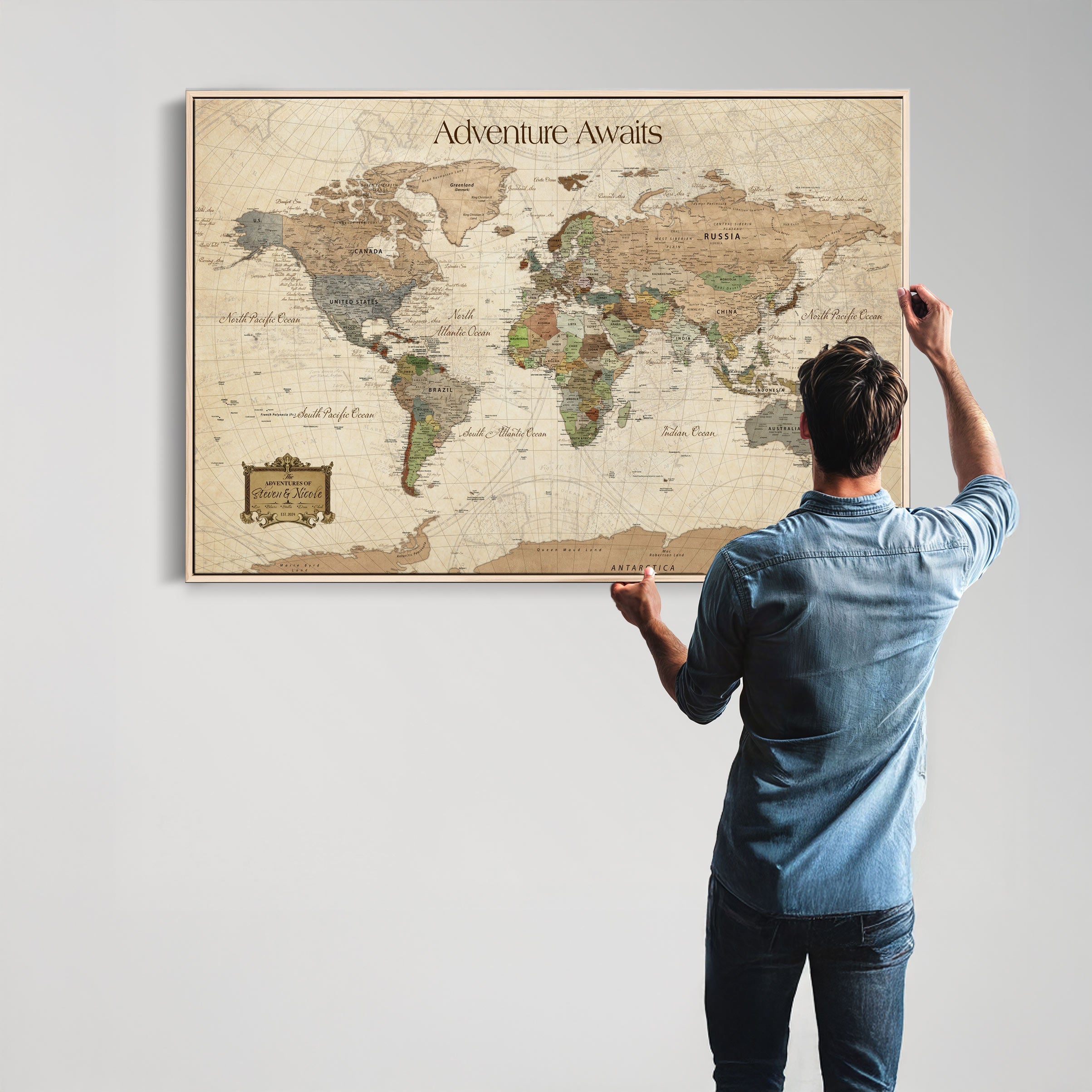 82844776-MGV-CV-30X20-Personalized World Map Print, Customizable Push Pin Framed World Map Print on Canvas - Custom Quote on Map Print