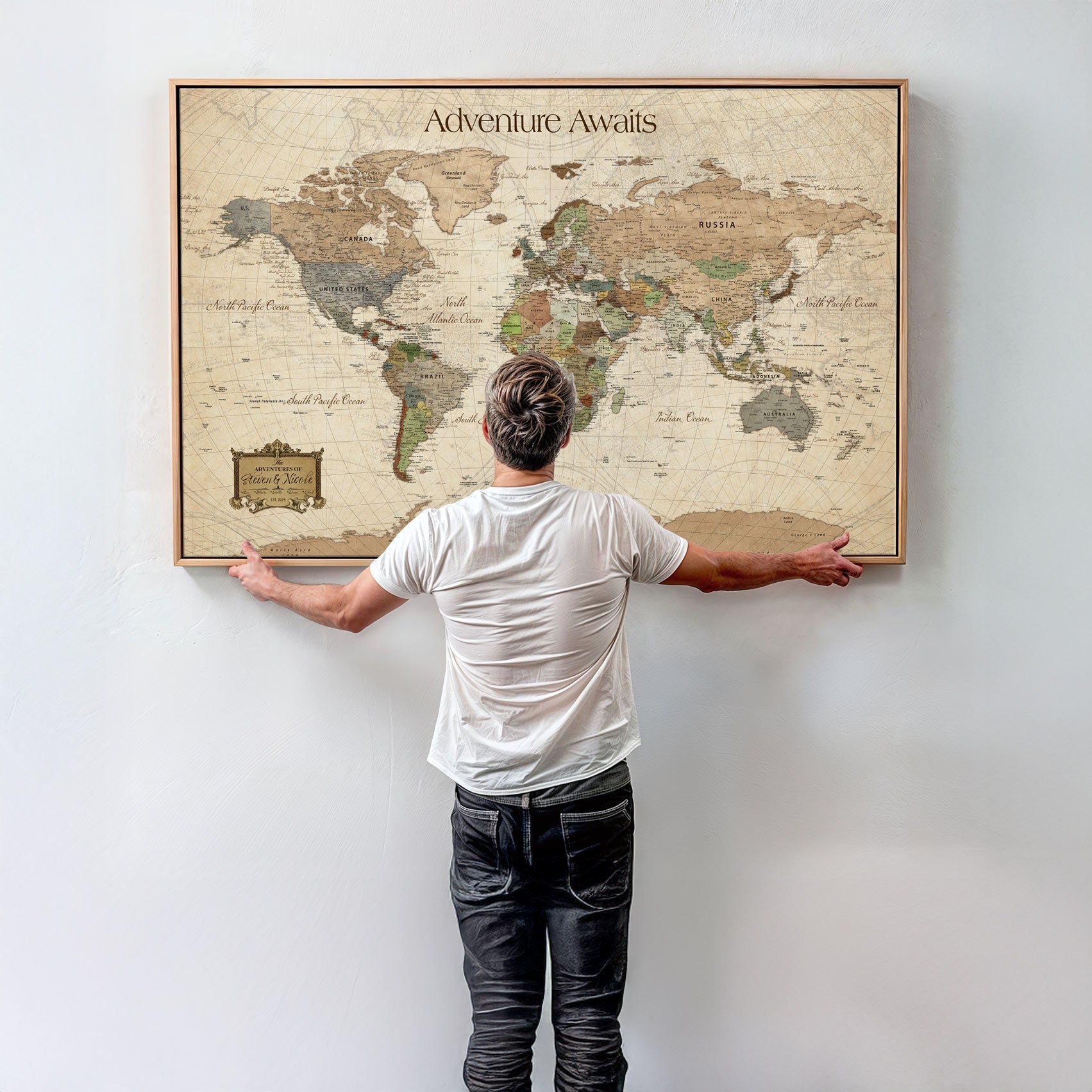 82844776-MGV-CV-30X20-Personalized World Map Print, Customizable Push Pin Framed World Map Print on Canvas - Custom Quote on Map Print