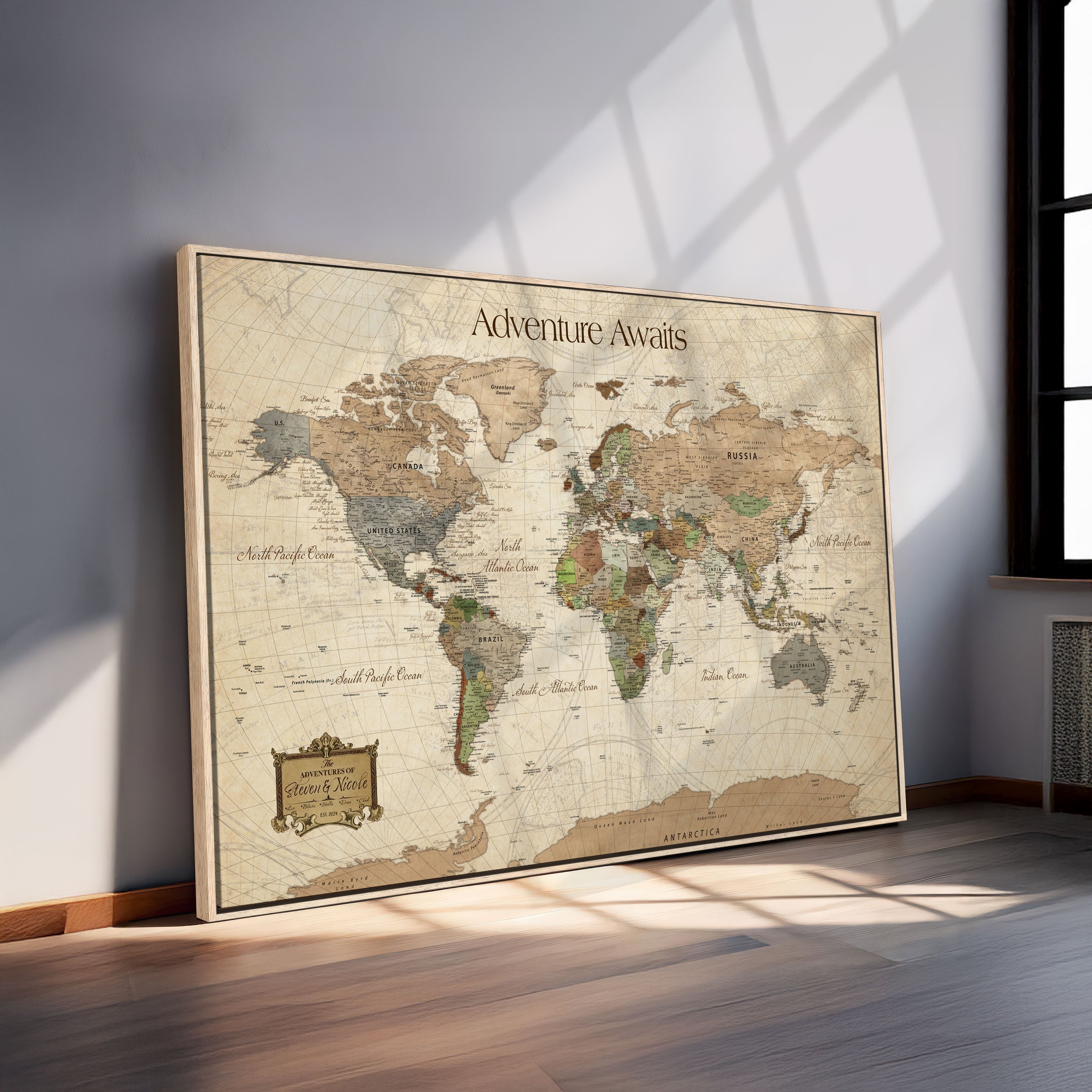 82844776-MGV-CV-30X20-Personalized World Map Print, Customizable Push Pin Framed World Map Print on Canvas - Custom Quote on Map Print
