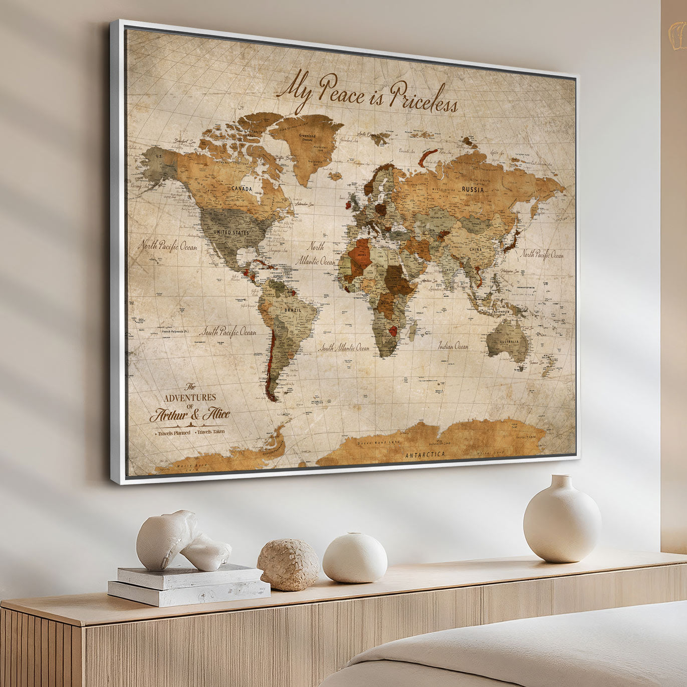 82844776-MGV-FC-30X20-Personalized World Map Print, Customizable Push Pin Framed World Map Print on Canvas - Custom Quote on Map Print
