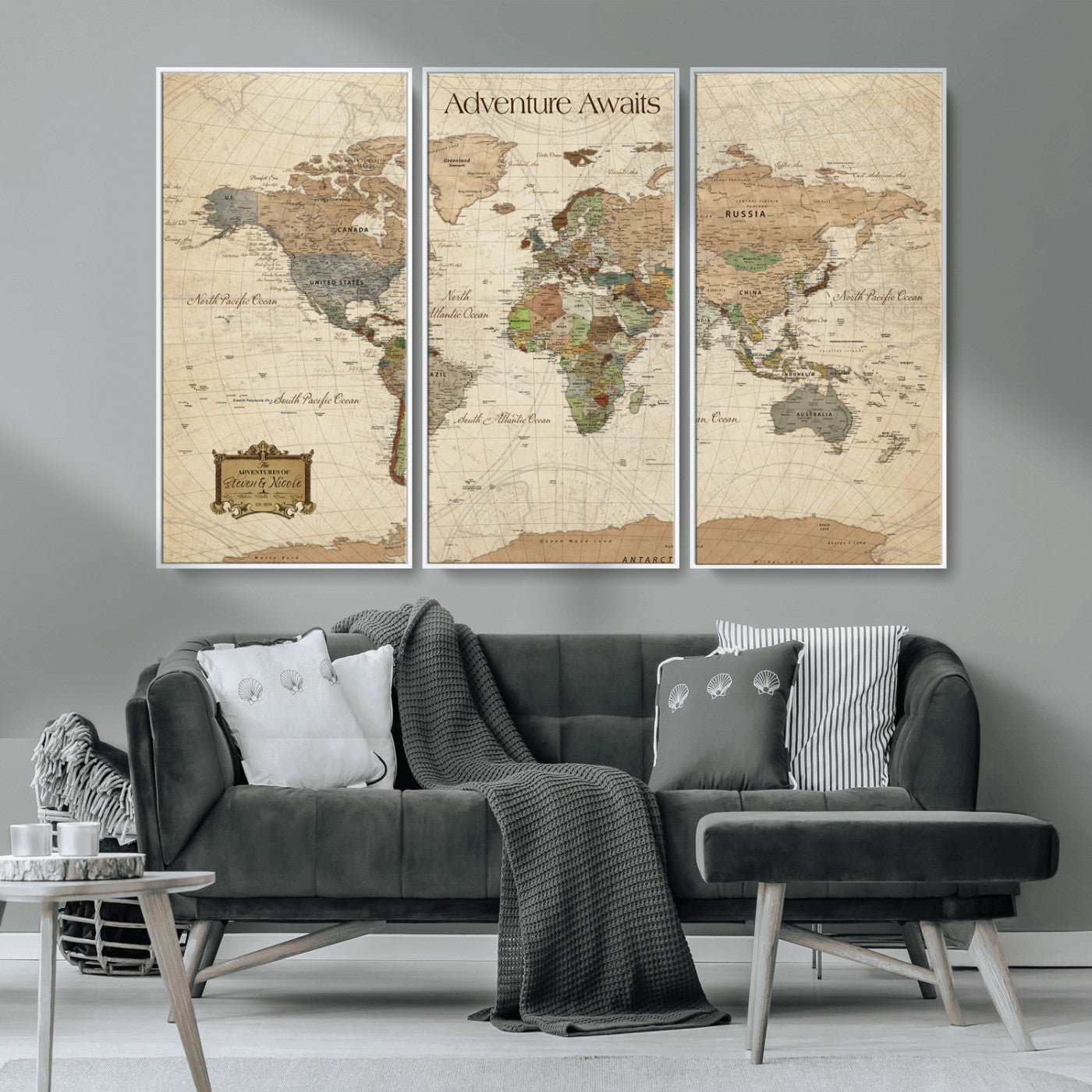 82844776-MGV-FC-48X32-3P-Personalized World Map Print, Customizable Push Pin Framed World Map Print on Canvas - Custom Quote on Map Print