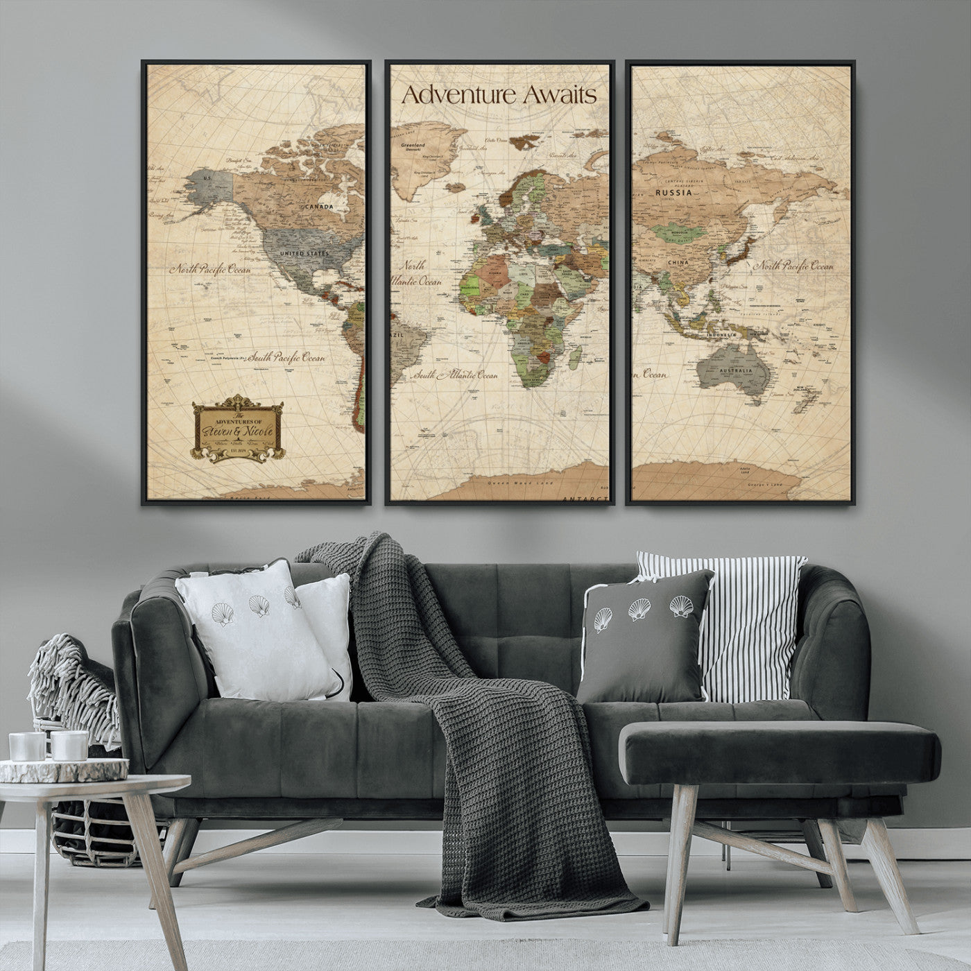 82844776-MGV-FC-48X32-3P-Personalized World Map Print, Customizable Push Pin Framed World Map Print on Canvas - Custom Quote on Map Print