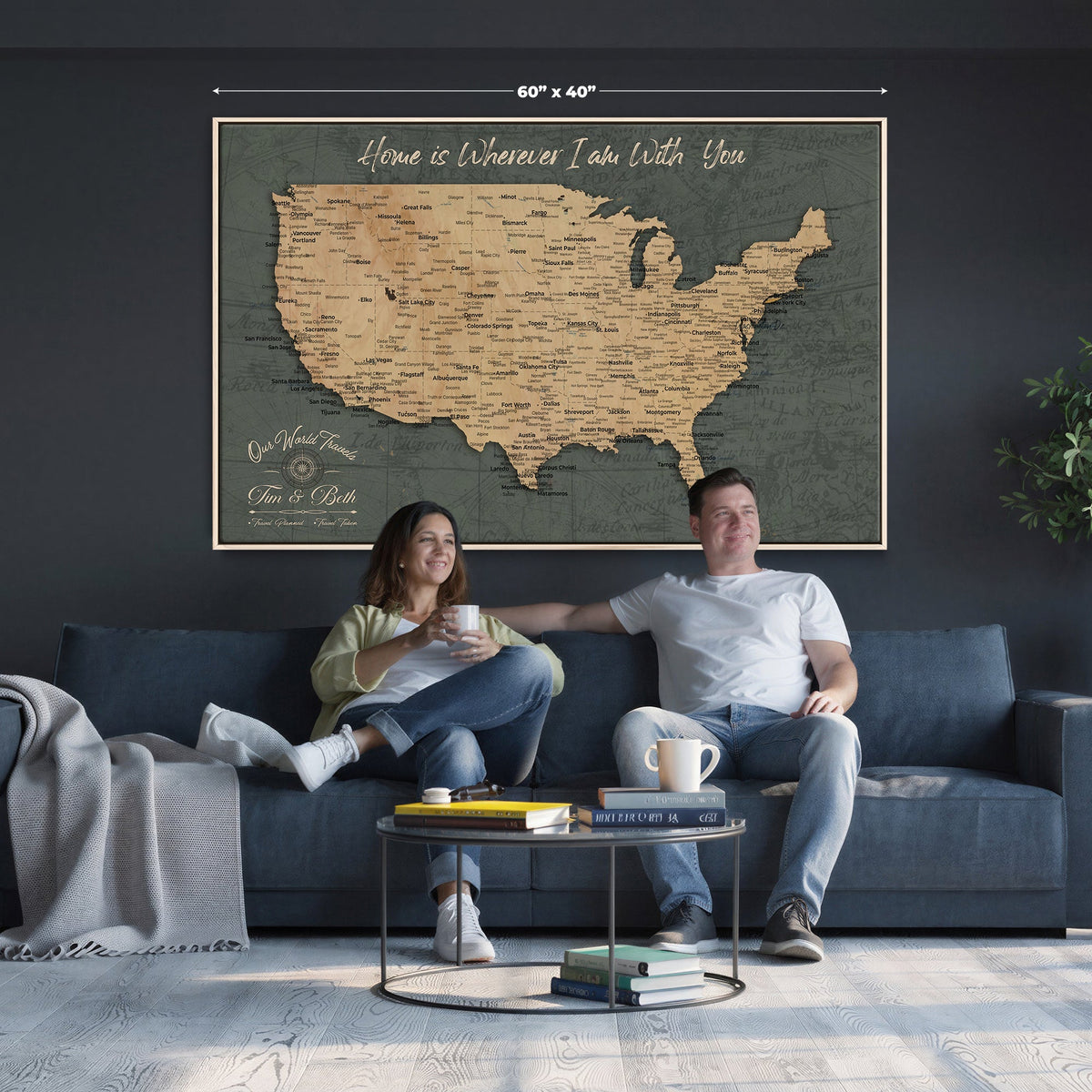 41270900-MGV-CV-36X24 - Custom Push Pin US Map Canvas | Personalized Travel Tracker | America Cities Map Anniversary Gift for Couples | Adventure America Map Wall Art with Pin