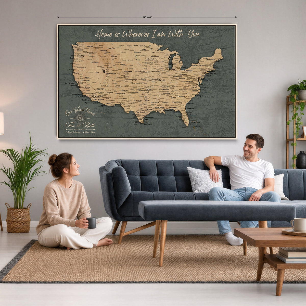 41270900-MGV-CV-36X24 - Custom Push Pin US Map Canvas | Personalized Travel Tracker | America Cities Map Anniversary Gift for Couples | Adventure America Map Wall Art with Pin