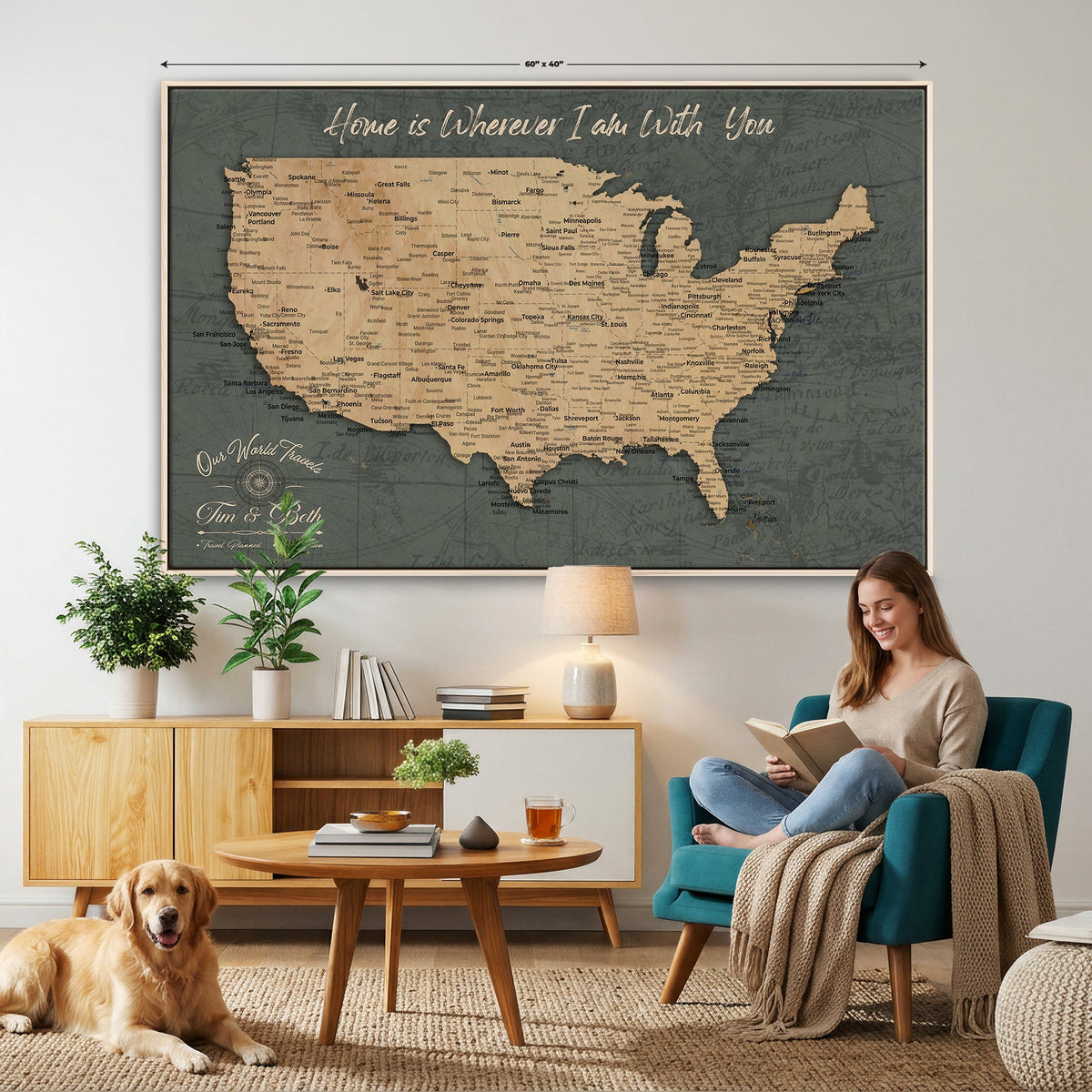 41270900-MGV-CV-36X24 - Custom Push Pin US Map Canvas | Personalized Travel Tracker | America Cities Map Anniversary Gift for Couples | Adventure America Map Wall Art with Pin