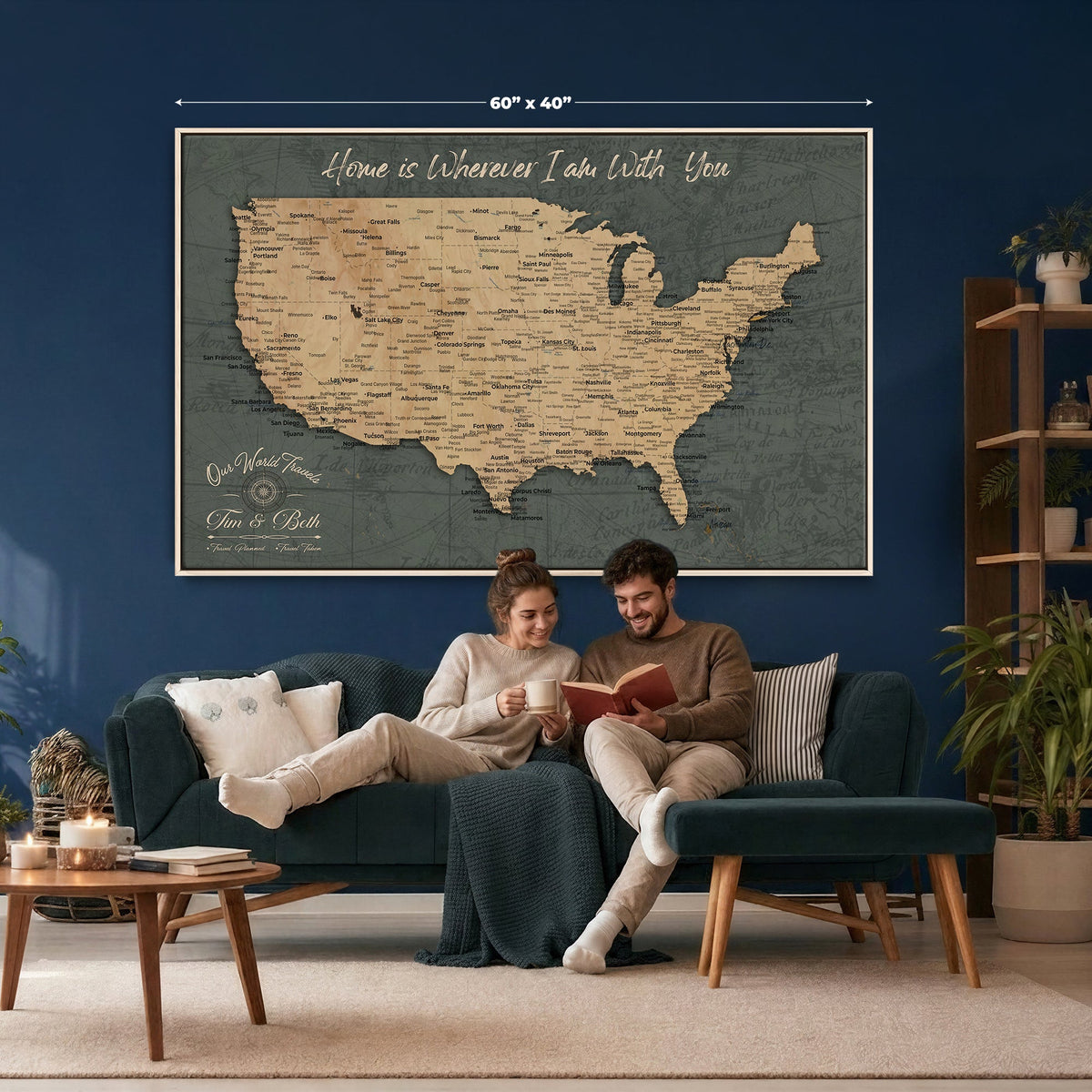 41270900-MGV-CV-36X24 - Custom Push Pin US Map Canvas | Personalized Travel Tracker | America Cities Map Anniversary Gift for Couples | Adventure America Map Wall Art with Pin