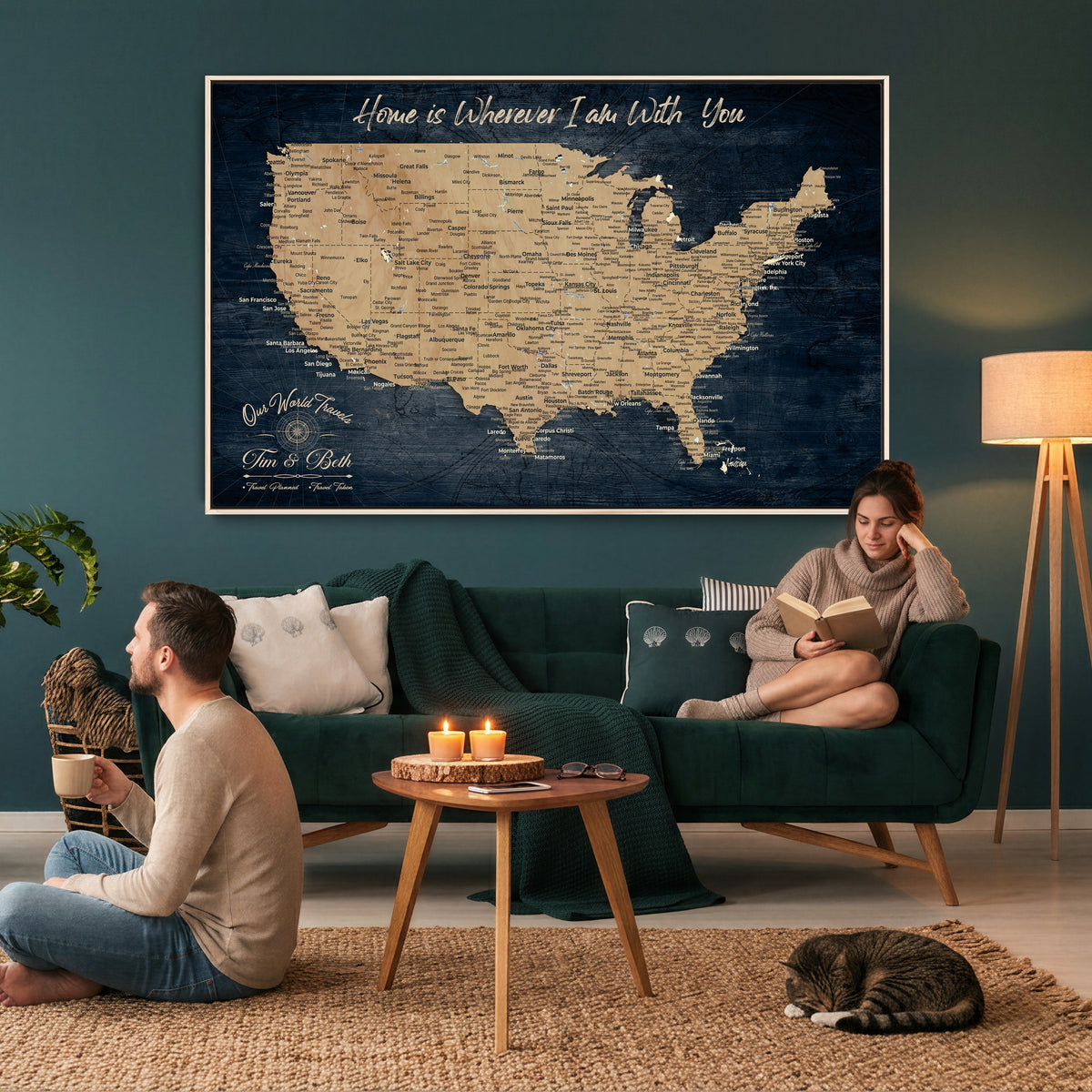 48467834-MGV-CV-36X24 - Custom Push Pin US Map Canvas | Personalized Travel Tracker | America Cities Map Anniversary Gift for Couples | Adventure America Map Wall Art with Pins