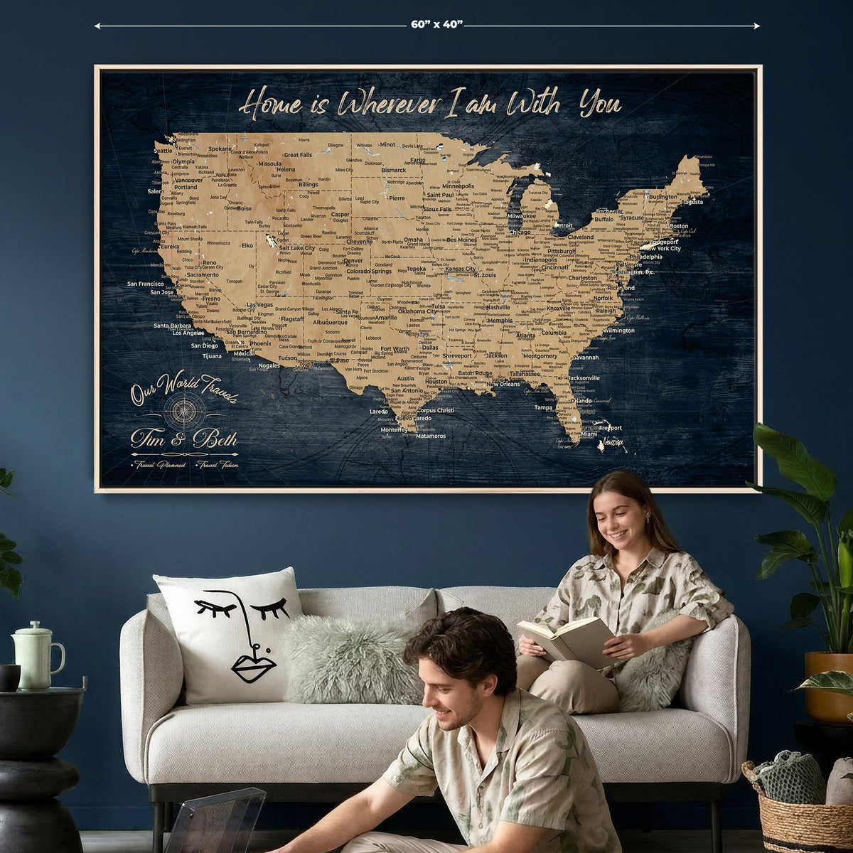 48467834-MGV-CV-36X24 - Custom Push Pin US Map Canvas | Personalized Travel Tracker | America Cities Map Anniversary Gift for Couples | Adventure America Map Wall Art with Pins