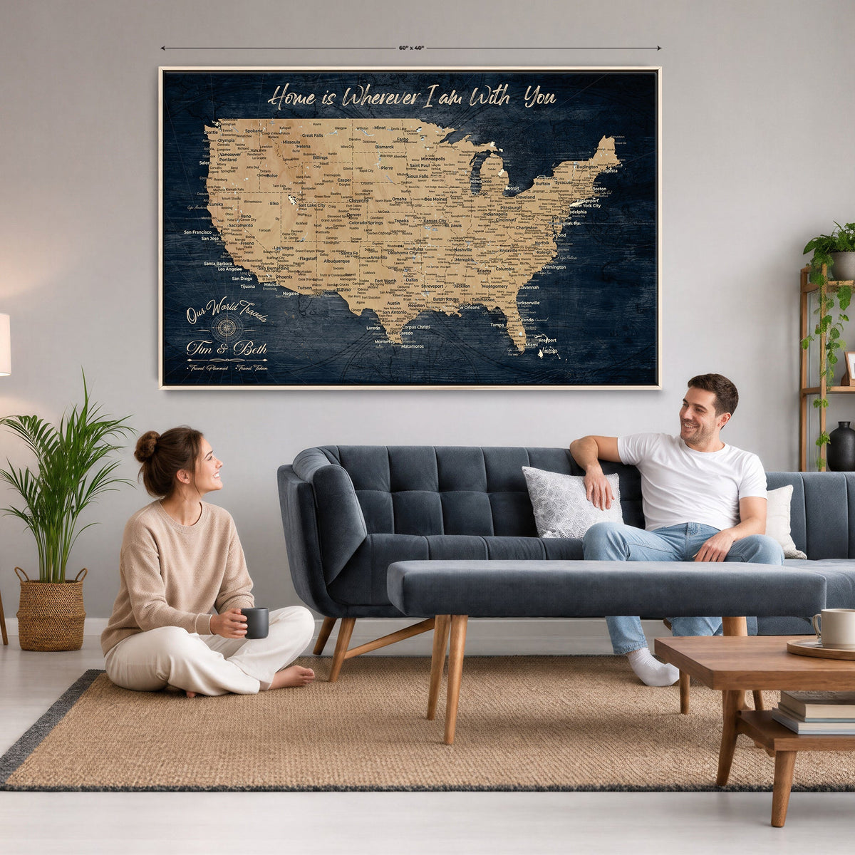 48467834-MGV-CV-36X24 - Custom Push Pin US Map Canvas | Personalized Travel Tracker | America Cities Map Anniversary Gift for Couples | Adventure America Map Wall Art with Pins