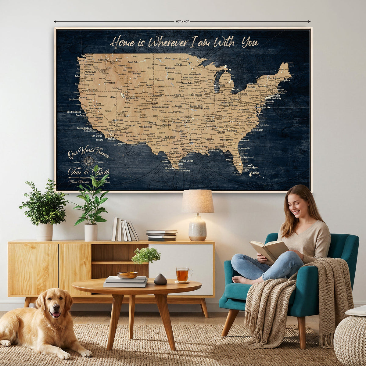 48467834-MGV-CV-36X24 - Custom Push Pin US Map Canvas | Personalized Travel Tracker | America Cities Map Anniversary Gift for Couples | Adventure America Map Wall Art with Pins