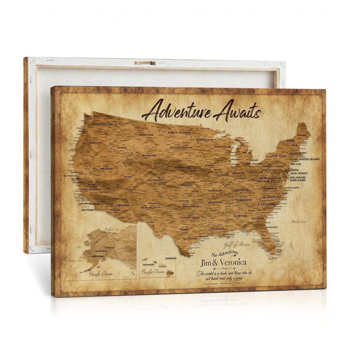 41270900KR-MGV-CV-36X24 - Custom Push Pin US Map Canvas | Personalized Travel Tracker | America Cities Map Anniversary Gift for Couples | Adventure America Map Wall Art with Pins