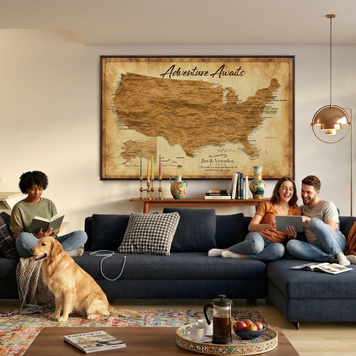 41270900KR-MGV-CV-36X24 - Custom Push Pin US Map Canvas | Personalized Travel Tracker | America Cities Map Anniversary Gift for Couples | Adventure America Map Wall Art with Pins