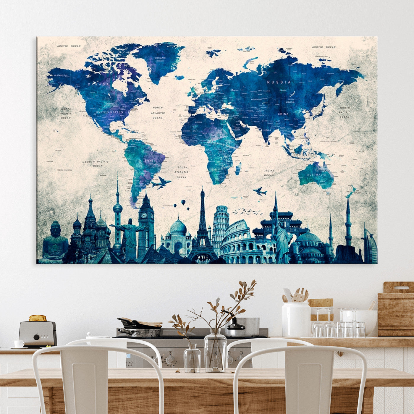 Navy Blue World Map Canvas Print, Wonder of World Map Push Pin Canvas Print