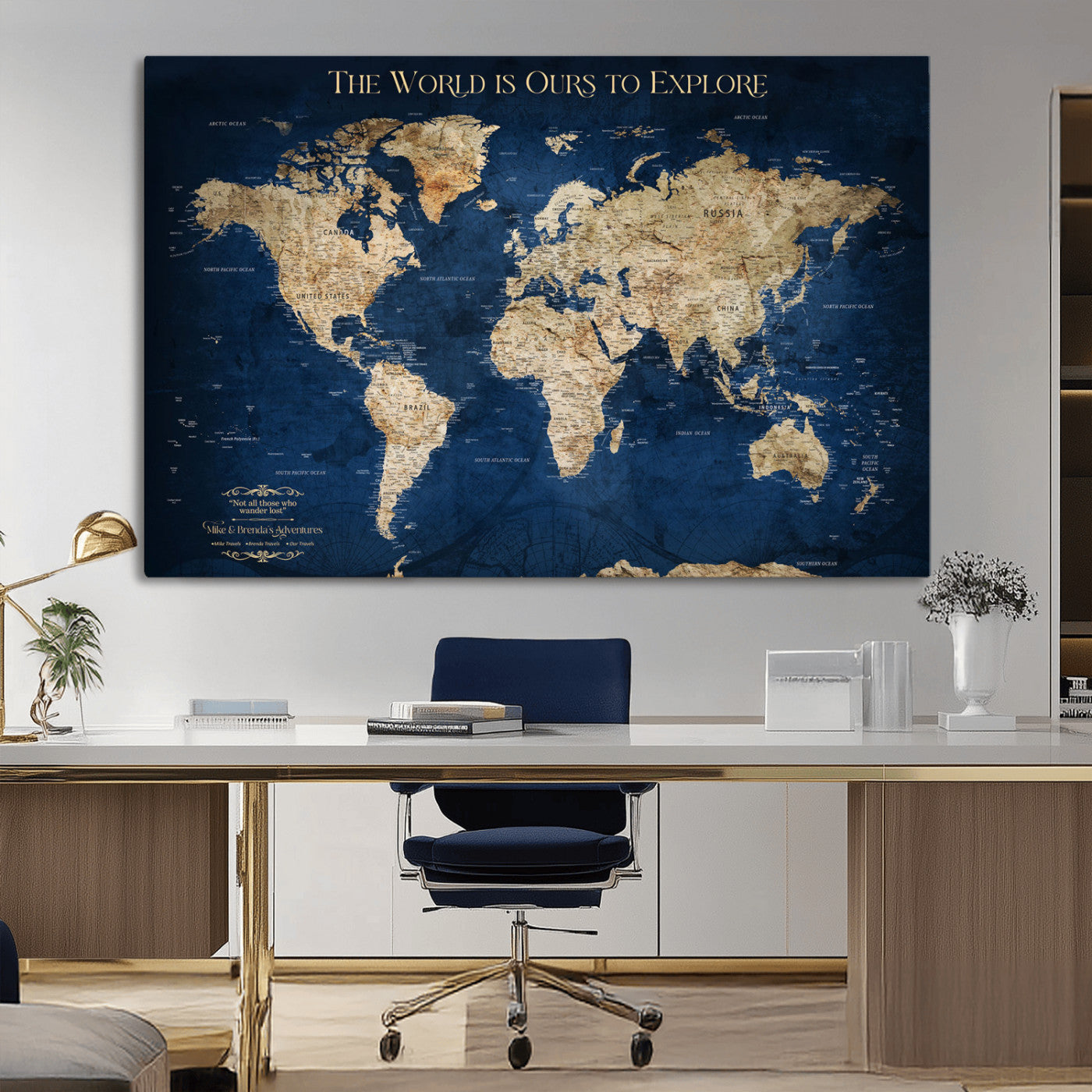 Custom World Map Wall Art – Personalized Framed Canvas Print with Push Pins for Travel Tracking, Anniversary or Couple Gift Ideas - H2-2