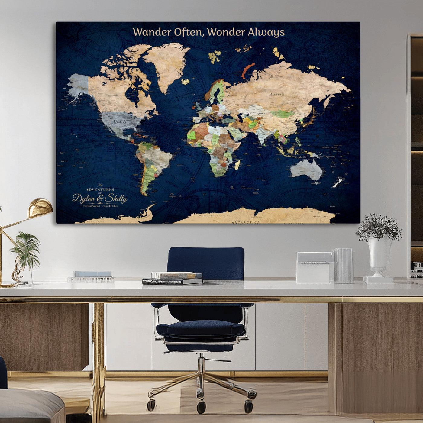 12399561-MGV-CV-30X20-Personalized World Map Print, Customizable Push Pin Framed World Map Print on Canvas - Custom Quote on Map Print