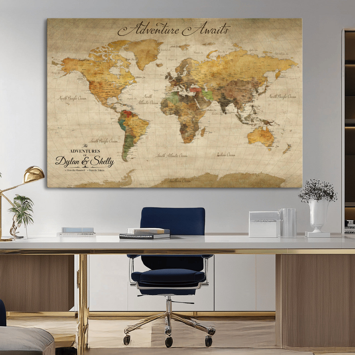 50298017-MGV-CV-36X24-Personalized World Map Print, Customizable Push Pin Framed World Map Print on Canvas - Custom Quote on Map Print