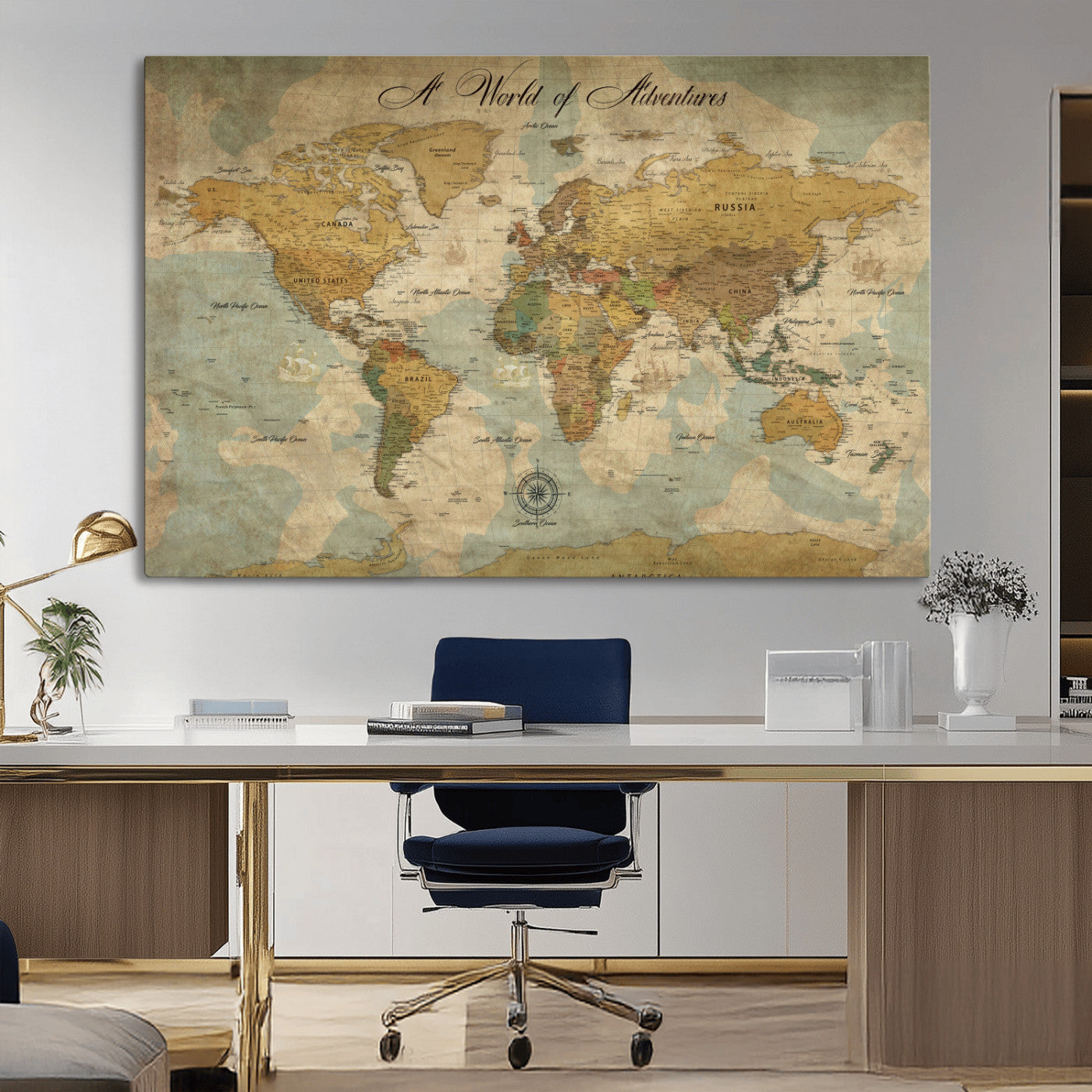 75690627-MGV-CV-36X24-Personalized World Map Print, Customizable Push Pin Framed World Map Print on Canvas - Custom Quote on Map Print,