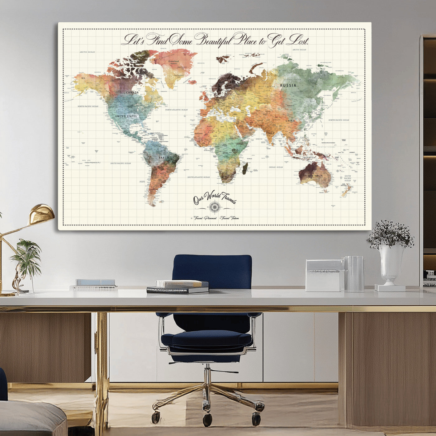 29289638-MGV-CV-36X24-Personalized World Map Print - Customizable Push Pin Framed World Map Print on Canvas - Custom Quote on Map Print