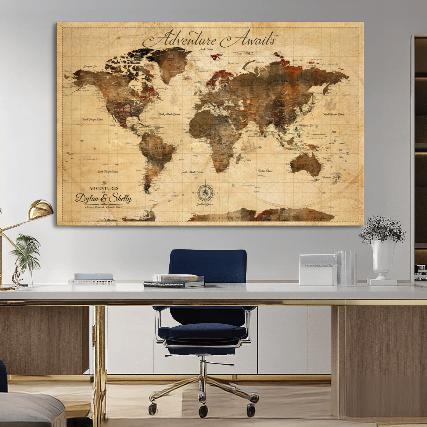 57497711-MGV-CV-36X24-Personalized World Map Canvas Print - Customizable Push Pin Framed World Map Print on Canvas - Custom Quote on Map Print