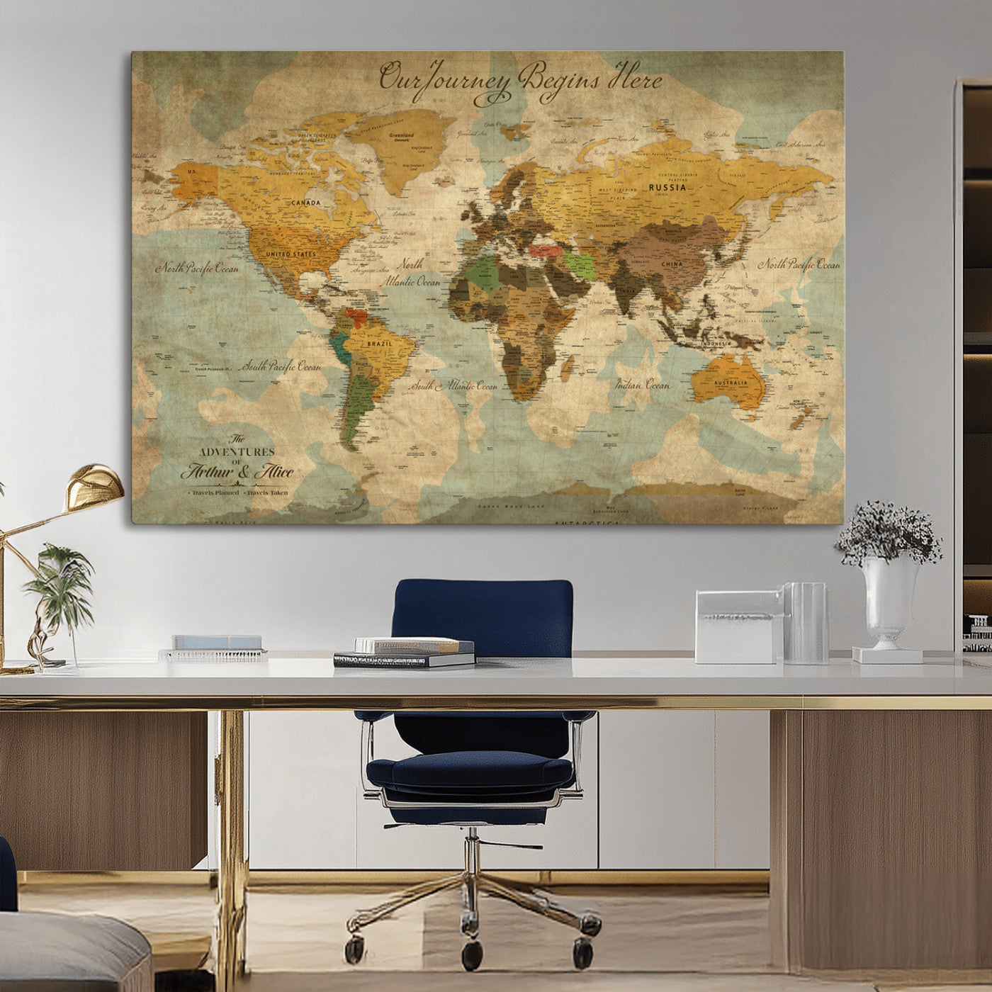 75523223-MGV-CV-36X24-Custom Push Pin World Map Wall Canvas Print – Personalized Travel Tracker with Pins – Framed Custom Quotie Canvas for Home Office