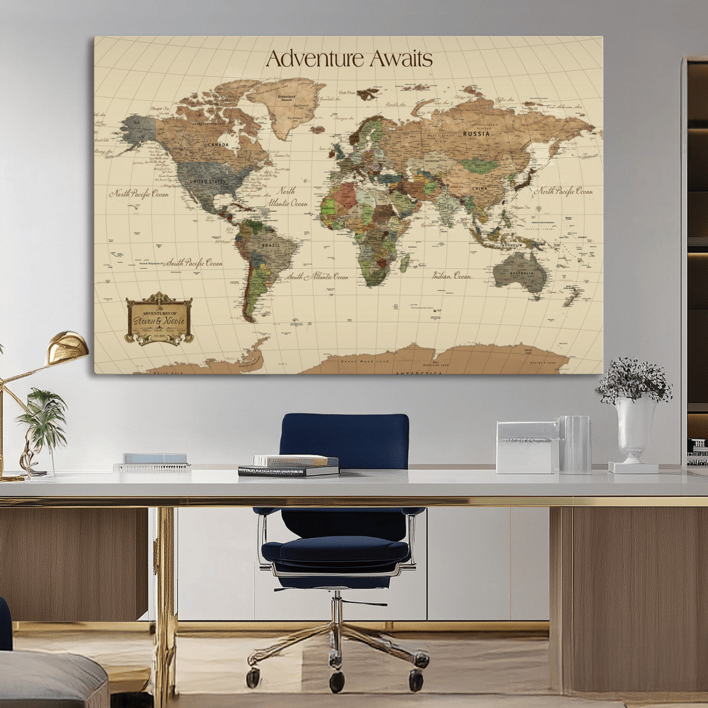 74480507-MGV-CV-36X24-Custom Push Pin World Map Wall Canvas Print – Personalized Travel Tracker with Pins – Framed Custom Quotie Canvas for Home Office Decoration