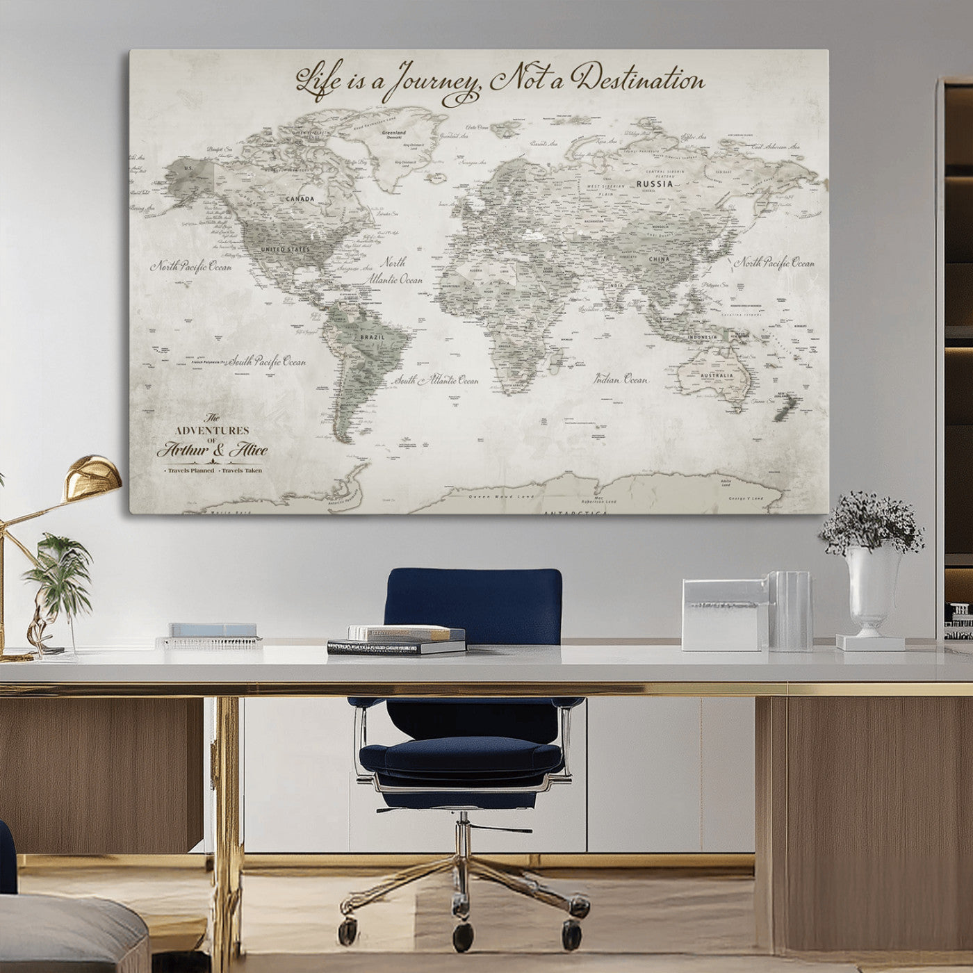 Custom Push Pin World Map Wall Canvas Print – Personalized Travel Tracker with Pins – Framed Custom Quotie Canvas for Home Office Decor