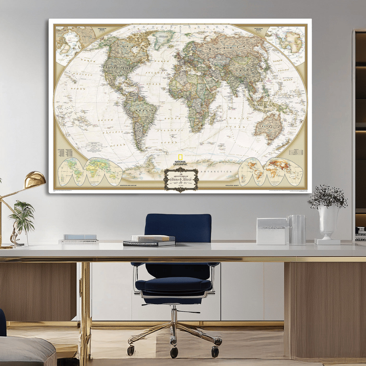 Custom Push Pin World Map Wall Art Canvas Print – Personalized National Geopraphic Map for Travel Plan – Framed Customize Animal Map for Stady Room Decor