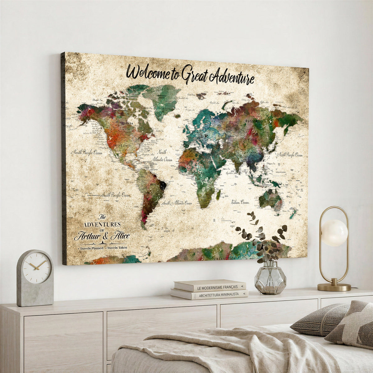 Personalized Beige Grunge World Map Canvas with Push Pins, Next Trip Planner Map, Family Room and Home Office Decor