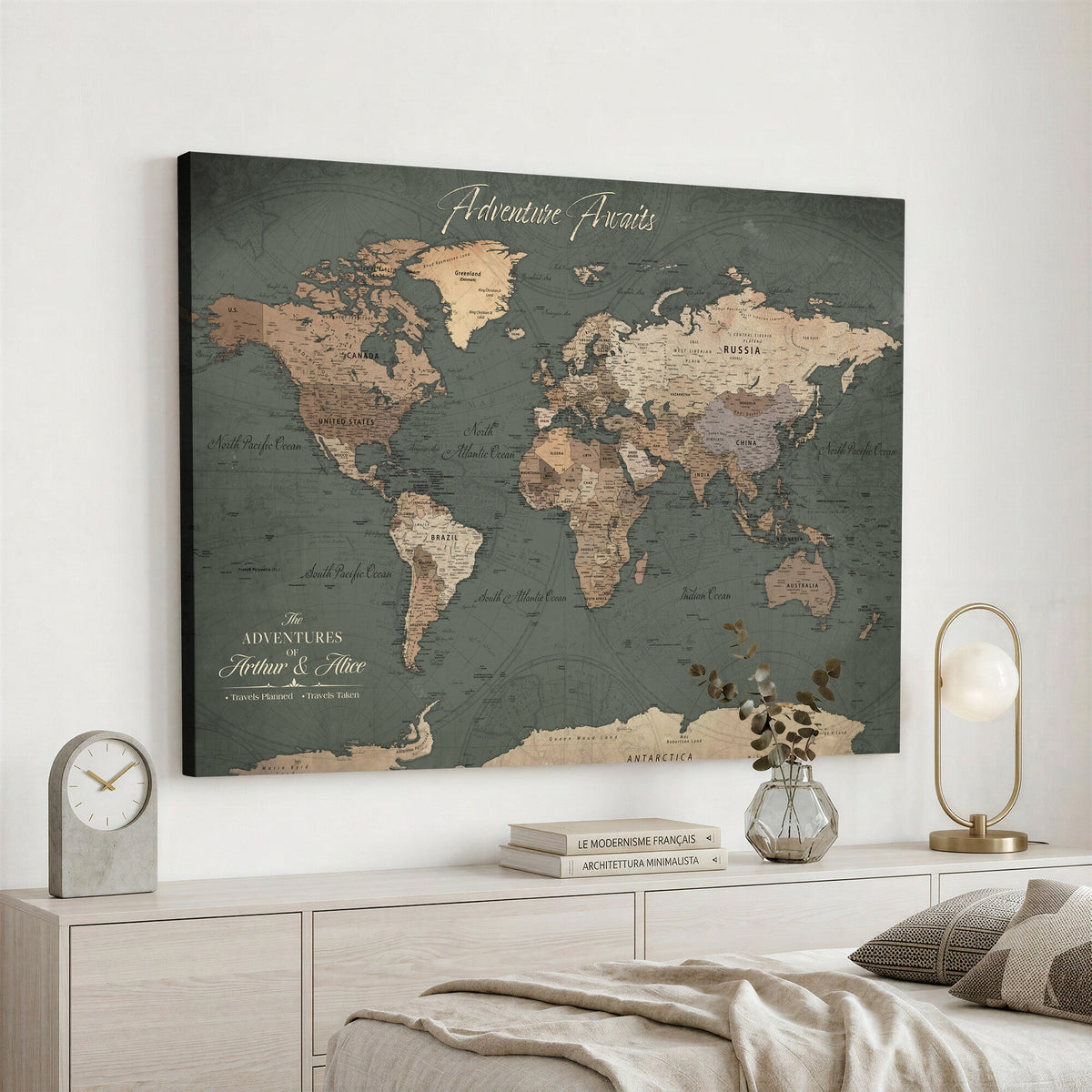 Personalized Framed Beige Modern World Map Canvas with Push Pins, Bucket List Map, Family Room and Dining Room Decor