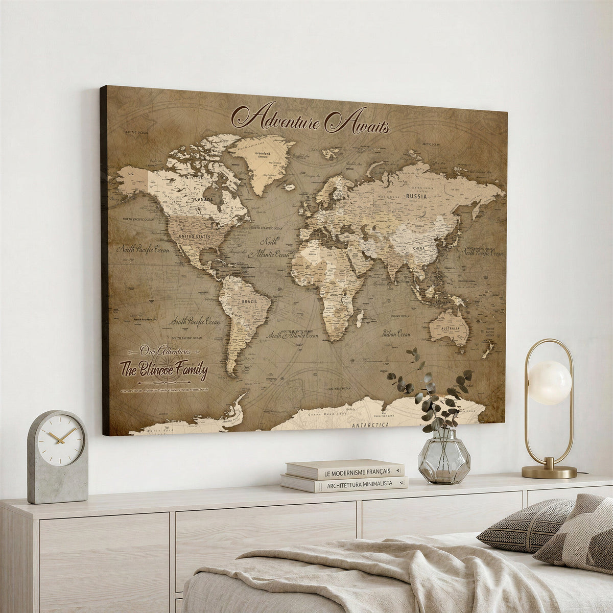 Custom Beige Modern Push Pin World Map Canvas Print, Family Travel Tracker, Dining Room and Home Office Decor