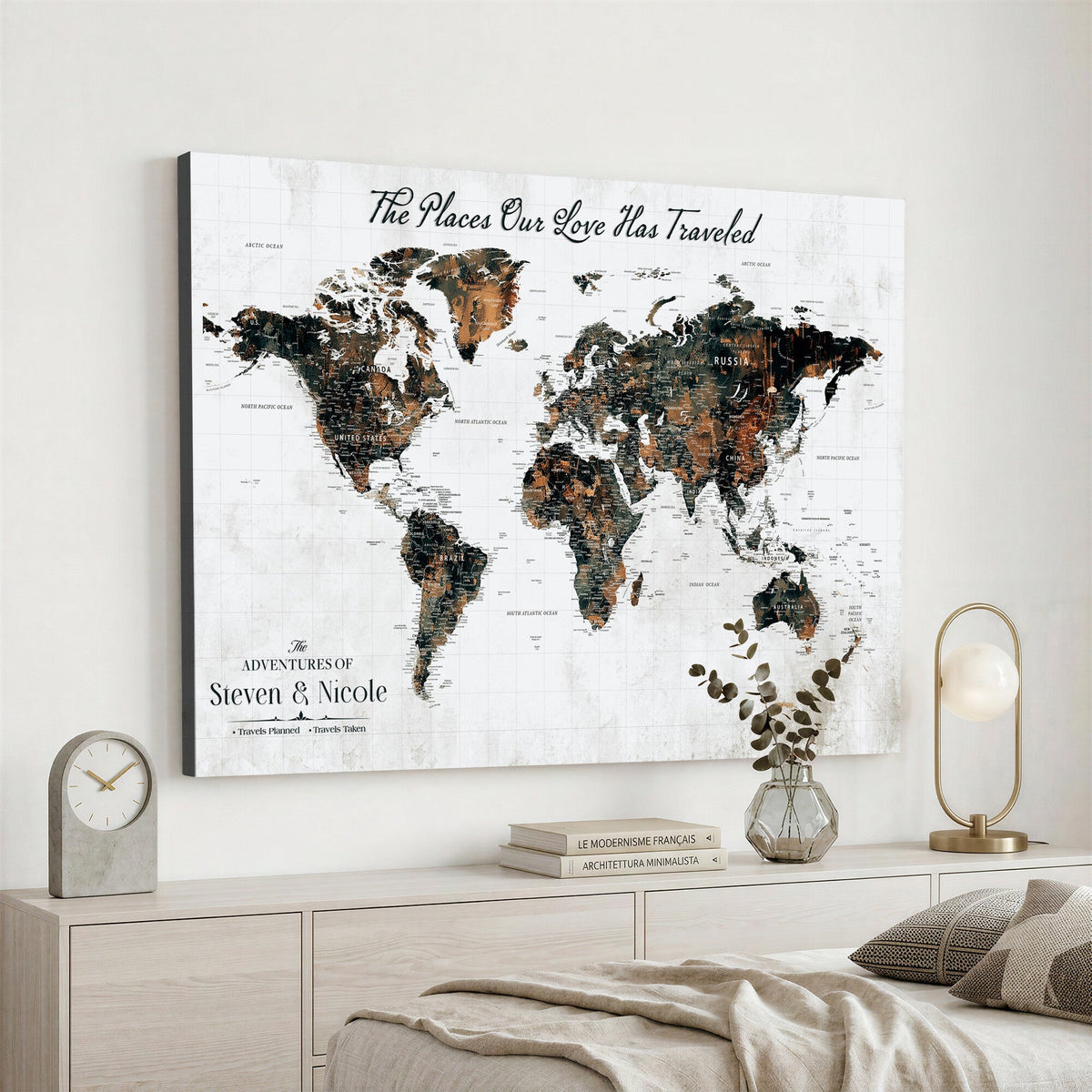 Personalized Beige Push Pin World Map Canvas Print, Honeymoon and Anniversary Gift, Living Room and Dining Room Decor