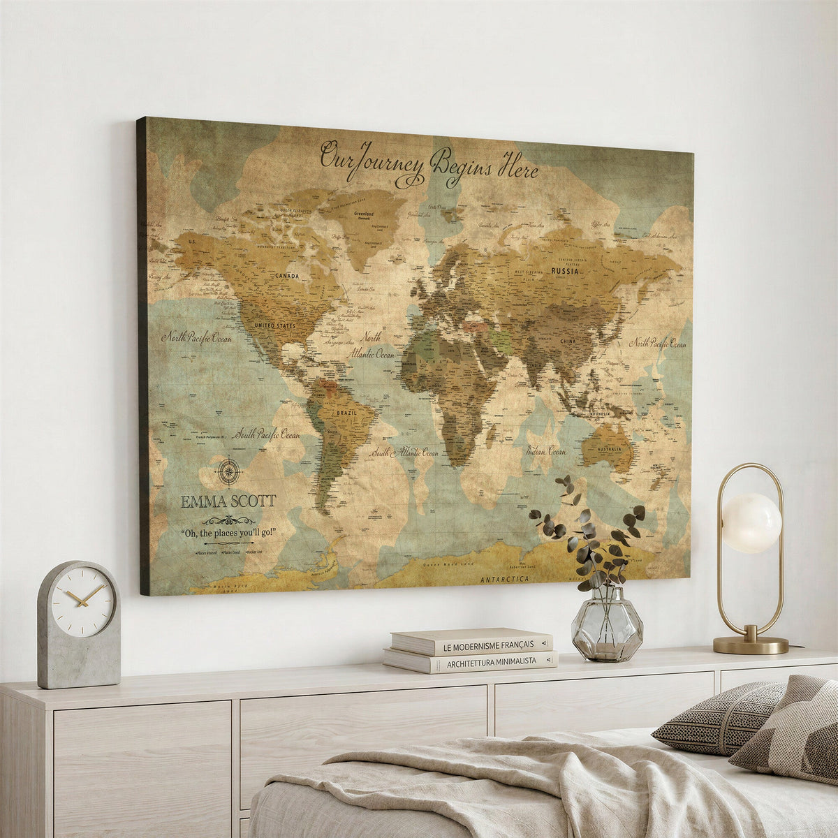 Personalized Navy Push Pin Travel Map Canvas Print, Couples Countries Visited Map, Living Room and Dining Room Decor