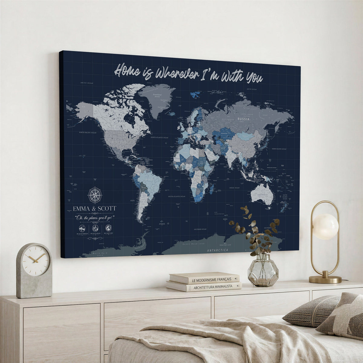 NEWMAP-18-MGV-CV-36X24 - Custom Push Pin World Map Wall Art Canvas Print | Personalized Travel Tracker with Pins Framed Large Print - NEWMAP-18