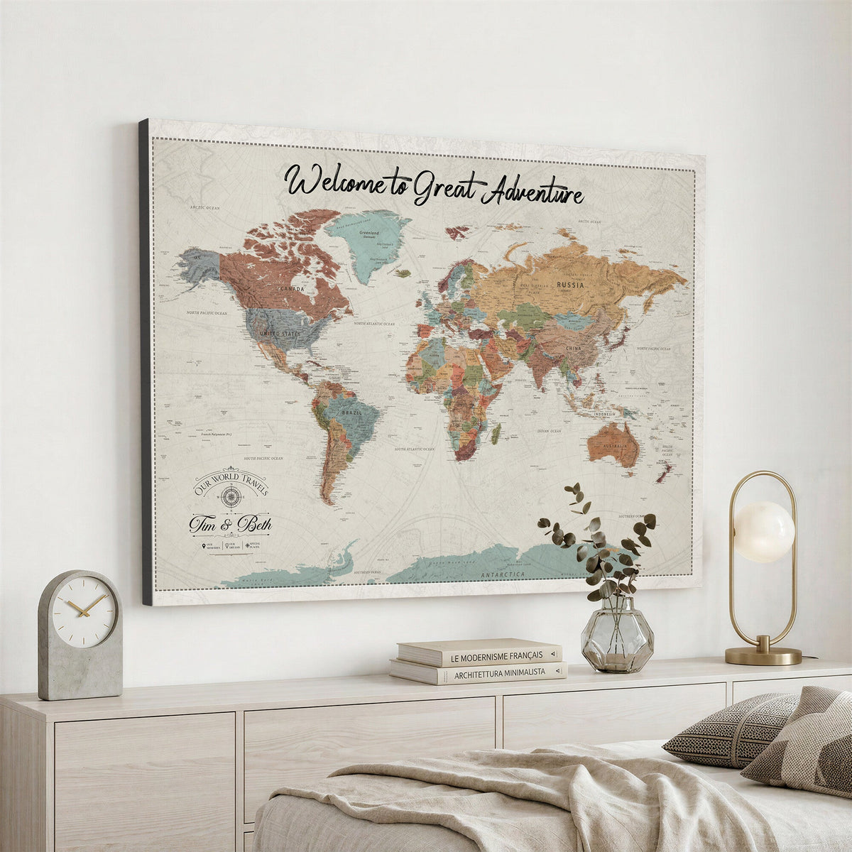 Custom Beige Push Pin World Map Canvas Print, Bucket List Map, Dining Room and Home Office Decor