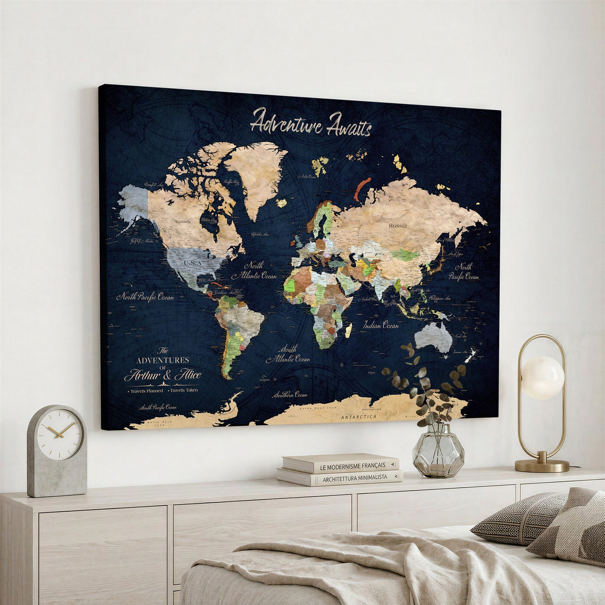 Personalized Beige Antique Push Pin Travel Map Canvas Print, Bucket List Map, Dining Room and Entryway Decor