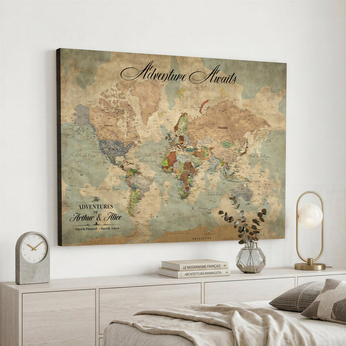 Custom Beige World Travel Map Wall Art with Pins, Bucket List Map, Dining Room and Study Decor