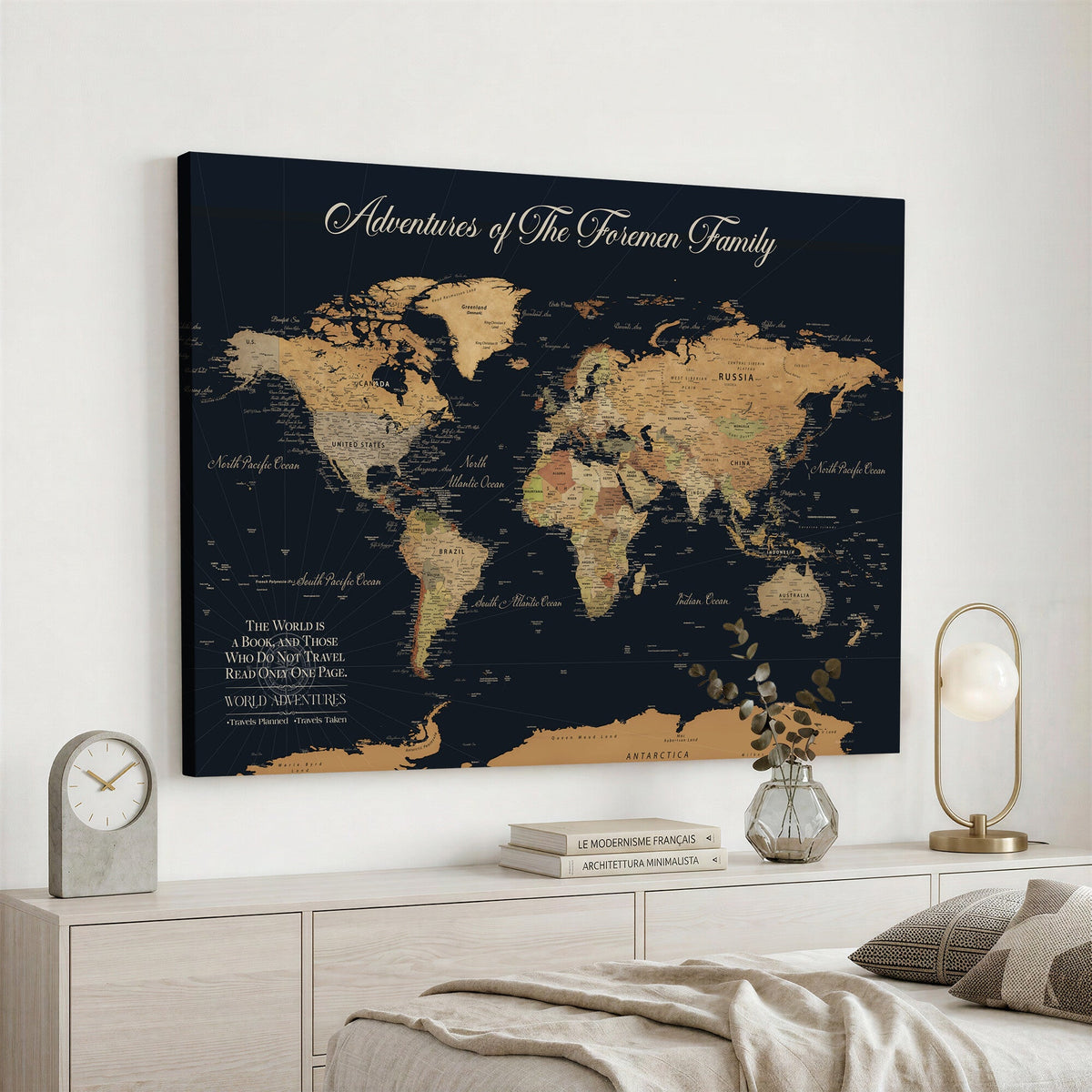 Personalized White Minimalist World Travel Map Wall Art with Pins, Places Visited Tracker, Entryway and Hallway Decor