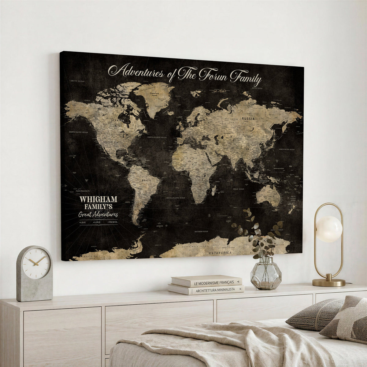Personalized Framed Black Modern World Map Canvas with Push Pins, Next Trip Planner Map, Dining Room and Home Office Decor