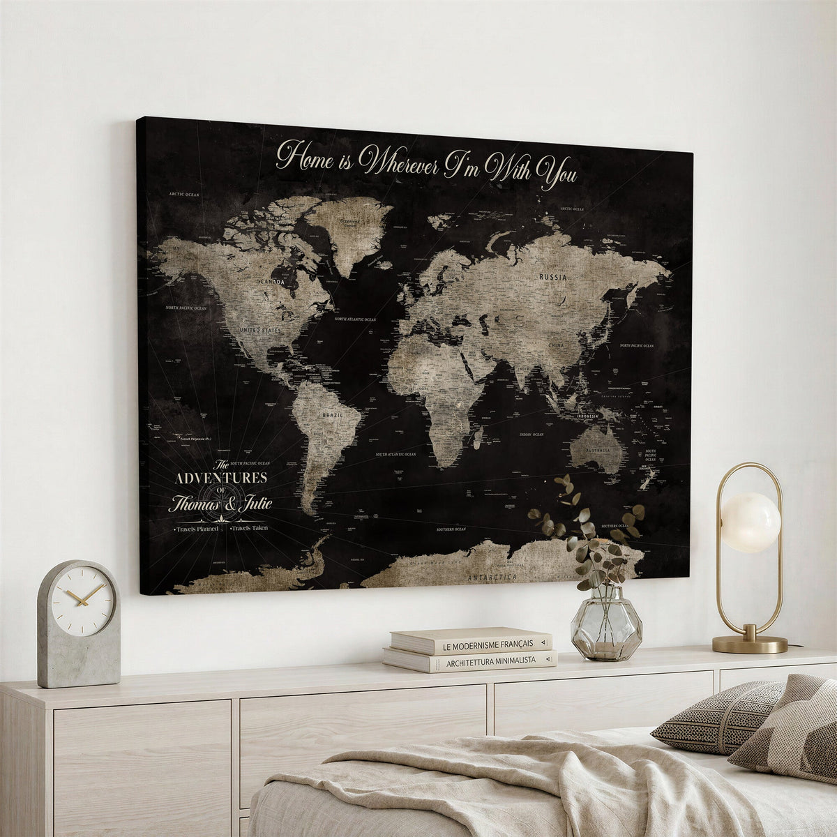 Personalized Framed Black Geometric World Map Canvas with Push Pins, Bucket List Map, Living Room and Dining Room Decor