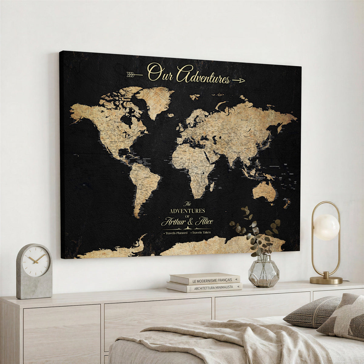 Personalized Framed Beige Push Pin World Map Canvas Print, Family Travel Tracker, Bedroom and Home Office Decor